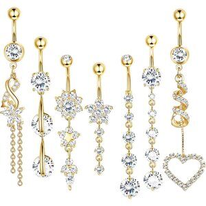 7 Pcs Dangle Belly Button Ring - Hypoallergenic Surgical Steel Belly Rings for W